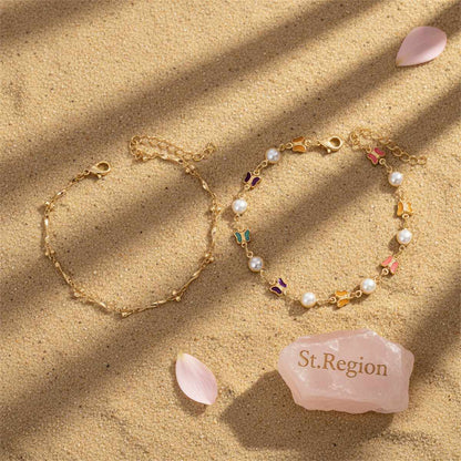 Multi-Colored Crystal & Pearl Goldtone Butterfly Station Anklet Set