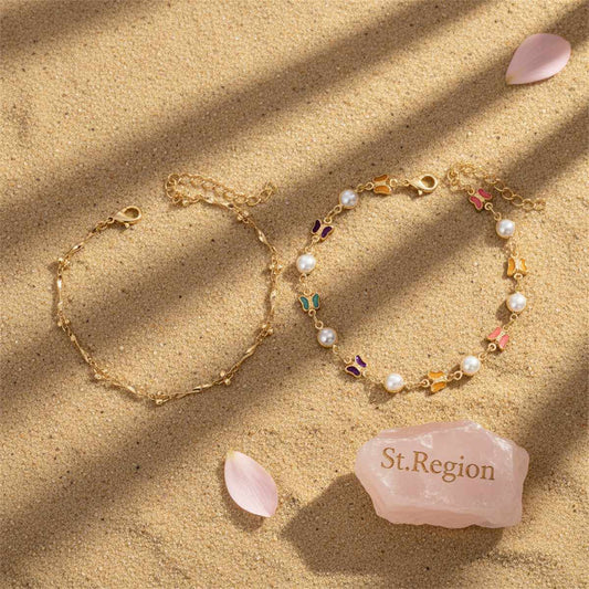 Multi-Colored Crystal & Pearl Goldtone Butterfly Station Anklet Set