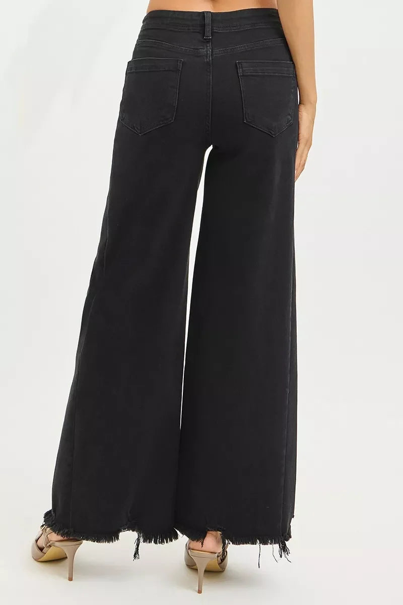 RISEN Tummy Control High Rise Palazzo Leg Frayed Hem Jeans
