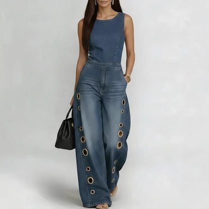 Women’s High-Waisted Sleeveless Denim Jumpsuit
