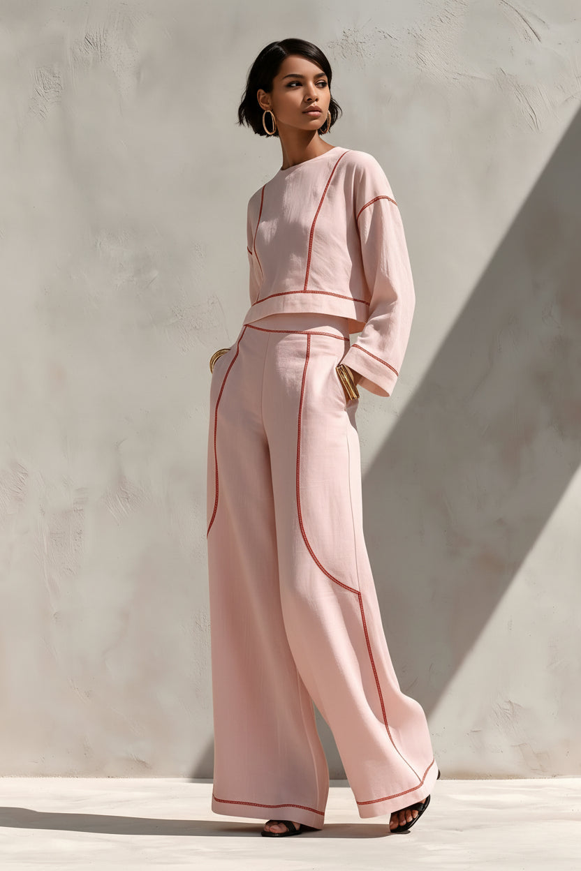 Women's Cropped Long-Sleeve Top & Ultra-Wide Palazzo Pants Set