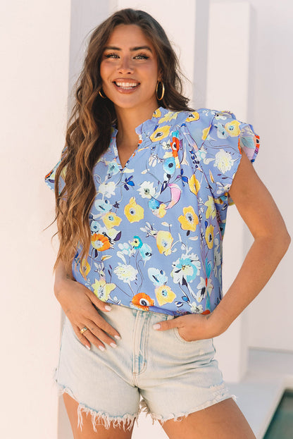 Threaded Pear Aadhya Flutter Sleeve V Neck Floral Top