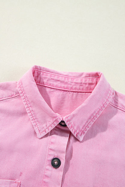 Pink Double Chest Pocket Denim Shirt Dress