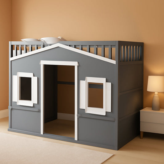 House Loft Bed Full Size Kids Playhouse Bed, Solid Wood Loft Bed Frame with Window and Ladder, for Kids Teens Adults (Full Size, Gray+White)