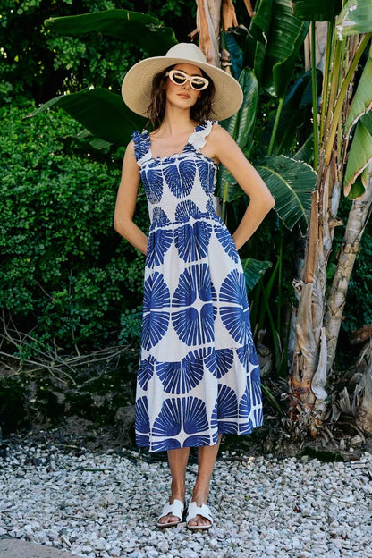 SO ME Abstract Print Smocked Bodice Tiered Lined Midi Dress