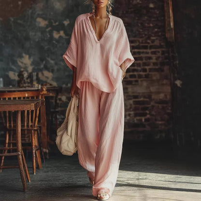 Women's V-Neck Loose Short-Sleeve Top & Pants Two-Piece Set