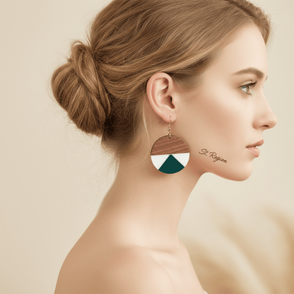 Emerald Green Resin & Wood Goldtone Patchwork Circular Hook Earrings