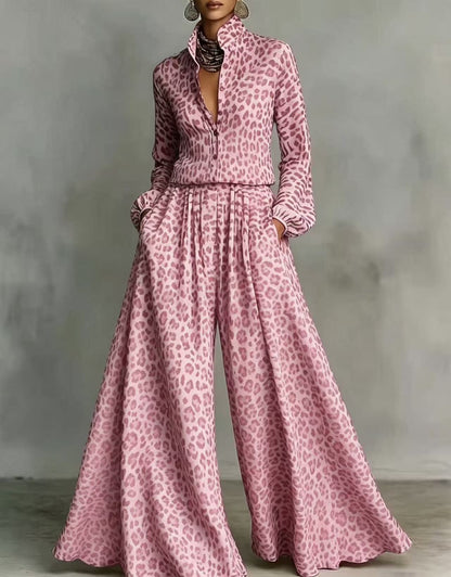 Leopard Print Wide-Leg Pants Set – Women’s Casual Two-Piece