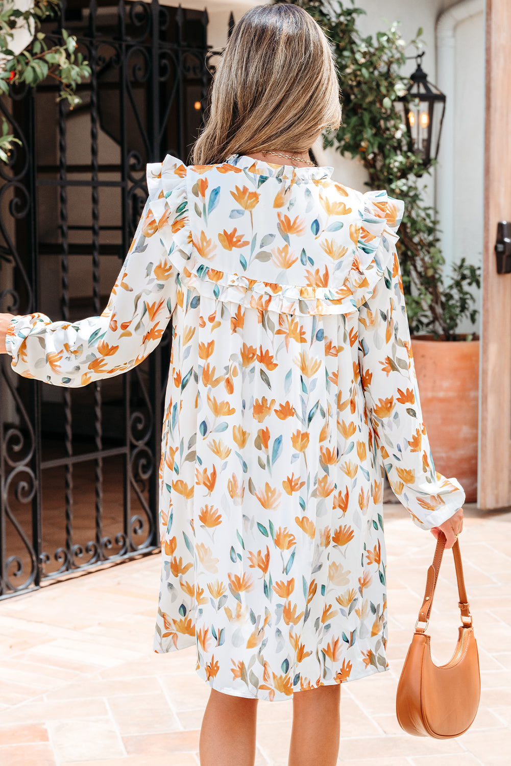 Threaded Pear Katherine Floral Tie Neck Frilled Long Sleeve Dress