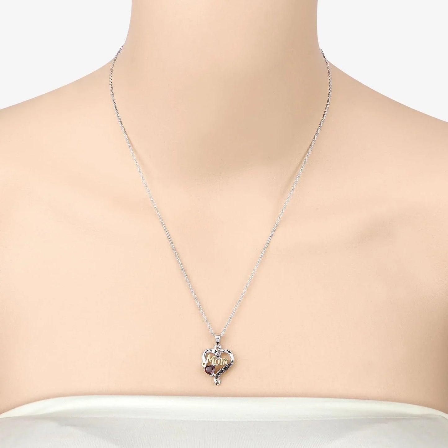 Heart Red Garnet Prong Silver Mom Heart Pendant Necklace