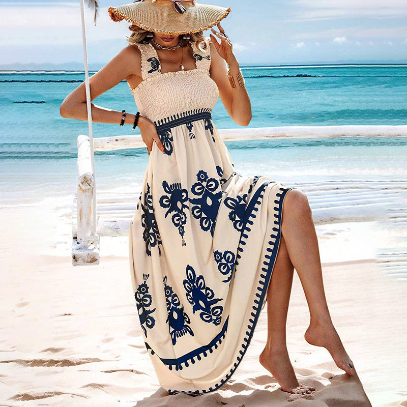 Women's Wide-Strap Printed Maxi Dress – Smocked Bodice & Tassel Waist