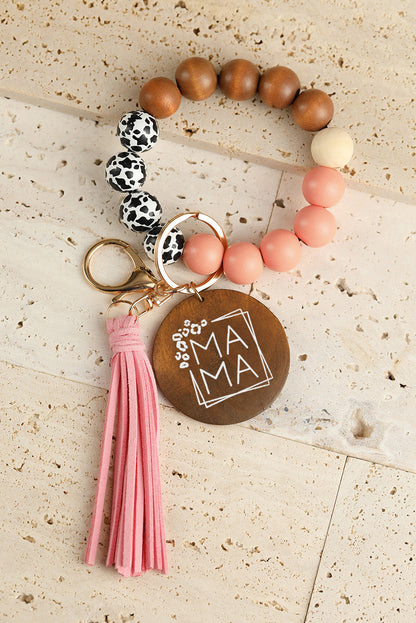 Threaded Pear MAMA Wood Pendant Leopard Fringe Keychain