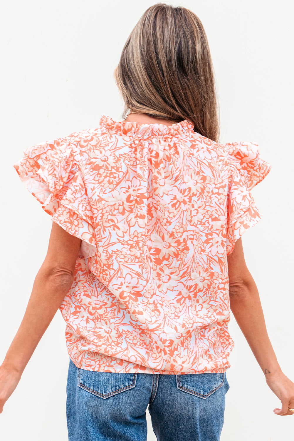 Threaded Pear Nancy Floral Ruffle Sleeve Split Neck Blouse