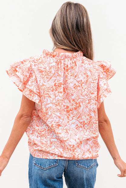 Threaded Pear Nancy Floral Ruffle Sleeve Split Neck Blouse