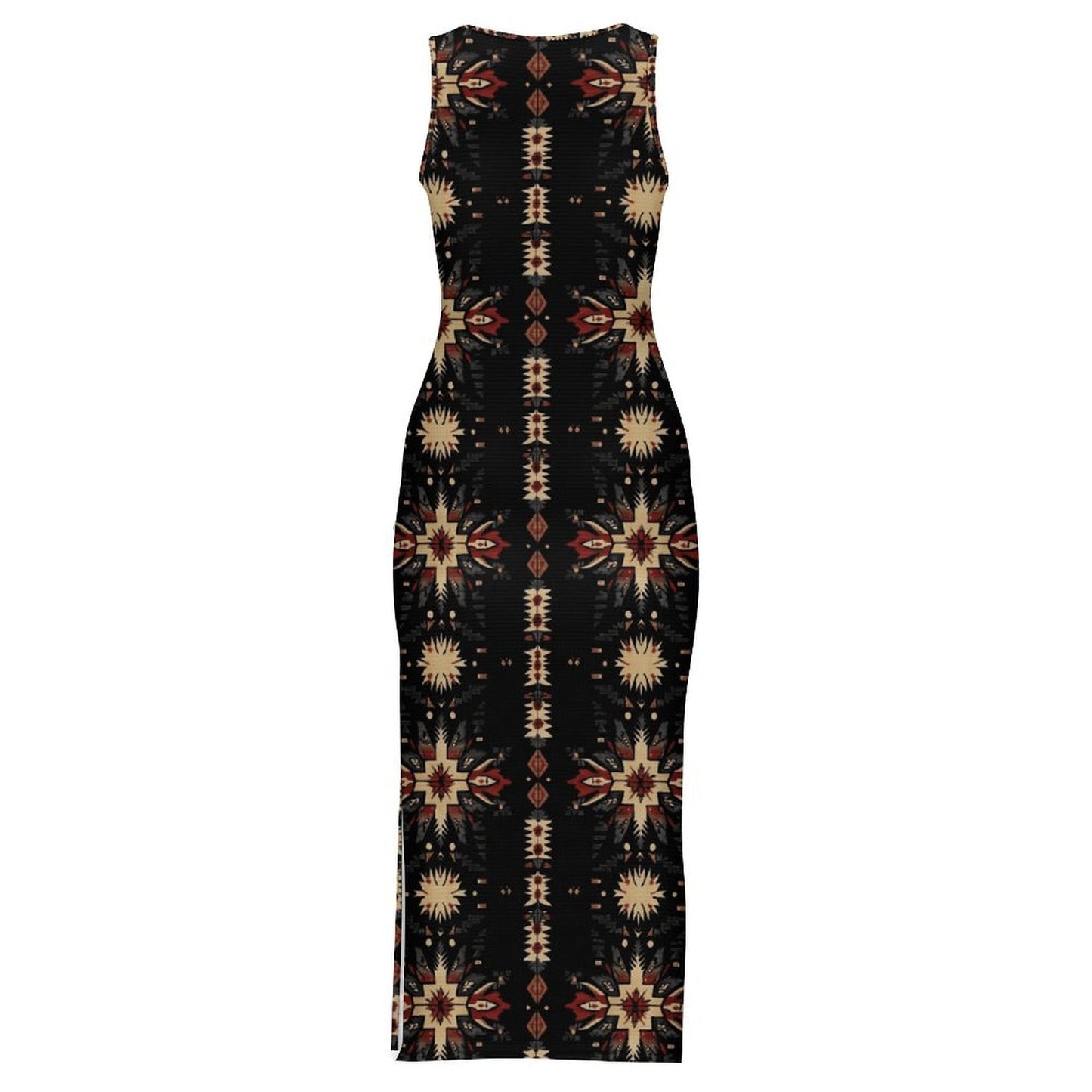 Baha Ranch Black and Tan Aztec Bodycon Side Slit Western Maxi Dress
