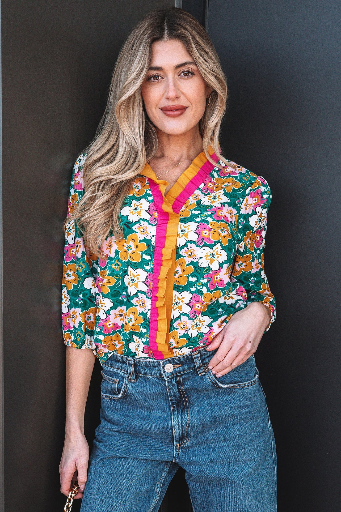 Threaded Pear Meadow 3 4 Sleeve Blouse