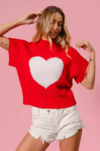 BiBi Rib Banded Heart Pattern Valentines Sweater