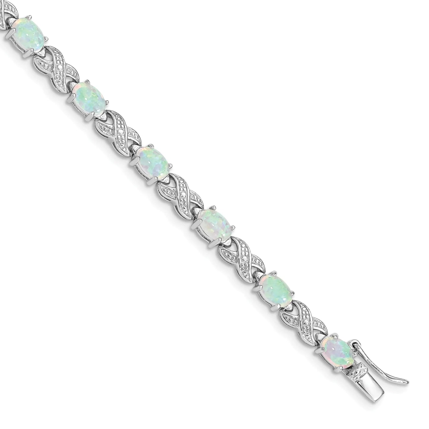 Oval White Genuine Opal & Diamond Prong Sterling Silver Infinity Link Bracelet