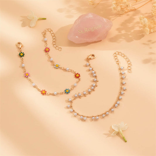 Pearl & Multi-Colored Enamel Goldtone Mum Stations Chain Anklet Set