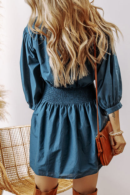 Threaded Pear Vera 3/4 Sleeve Shirred High Waist Buttoned Dress