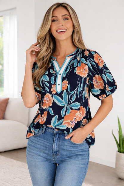 Threaded Pear Ila Bubble Sleeve Notched Blouse