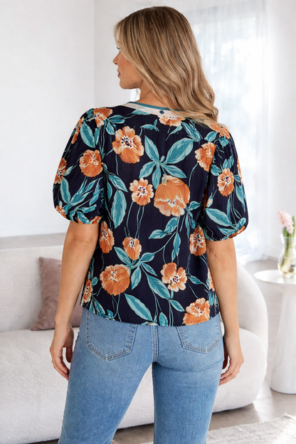 Threaded Pear Ila Bubble Sleeve Notched Blouse