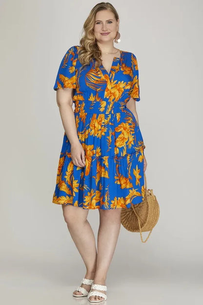She + Sky Full Size Printed Notched Short Sleeve Frill Tiered Dress Plus Size