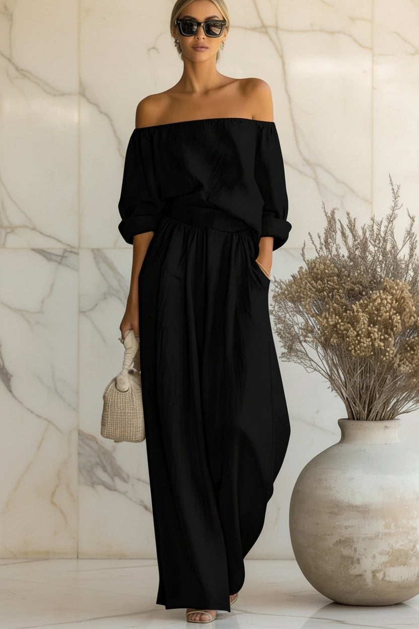 Women's Off-Shoulder Puff Sleeve Blouson Top & High-Rise Wide-Leg Pants Cotton-Linen Set