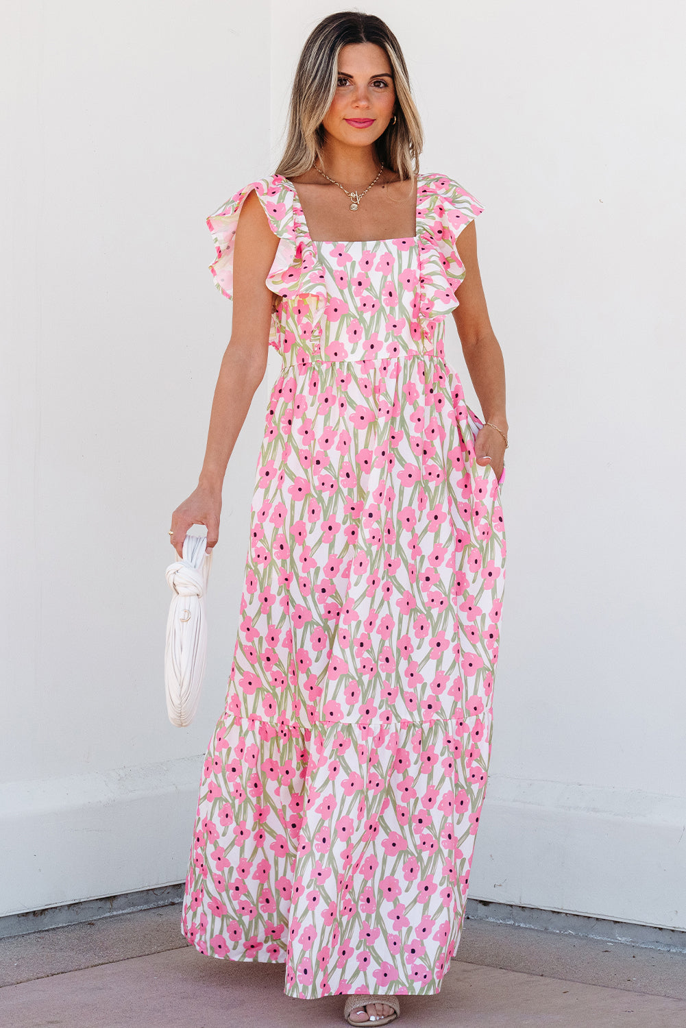 Threaded Pear Angelica Floral Ruffled Strap Maxi Dress
