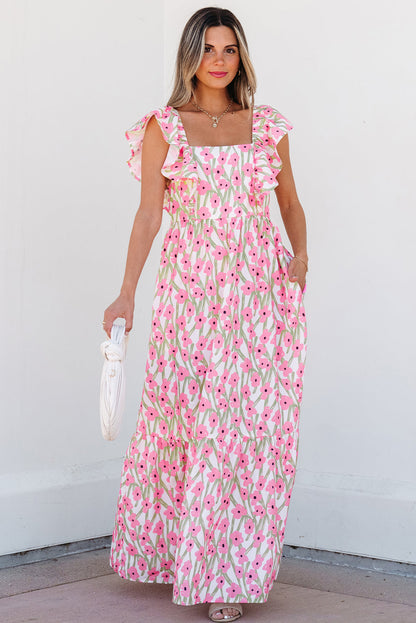 Threaded Pear Angelica Floral Ruffled Strap Maxi Dress