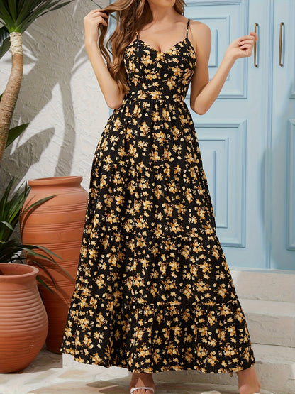 Women’s Floral Backless Maxi Dress – Strappy Dress with Bow & Flowy Skirt
