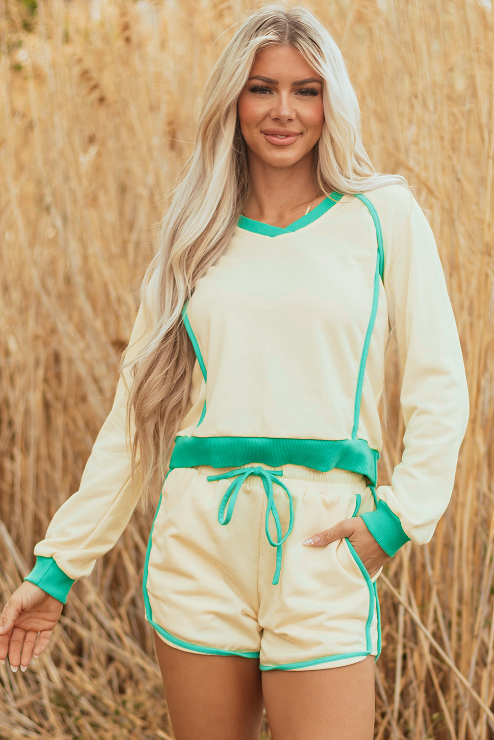 Threaded Pear Wren Long Sleeve Pullover and Drawstring Shorts Outfit