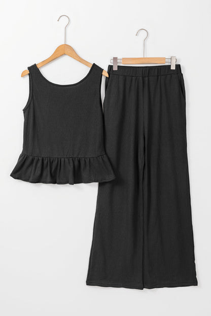 Threaded Pear Teresa Ribbed Ruffle Tank Top and Pants Set