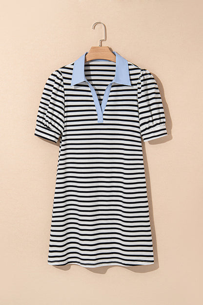 Threaded Pear Tiffany V Neck Collared Puff Sleeve T Shirt Dress