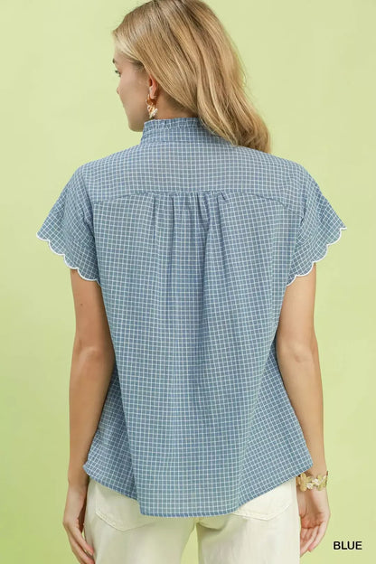 Umgee Embroidered Print Scallop Sleeve Button Front Blouse