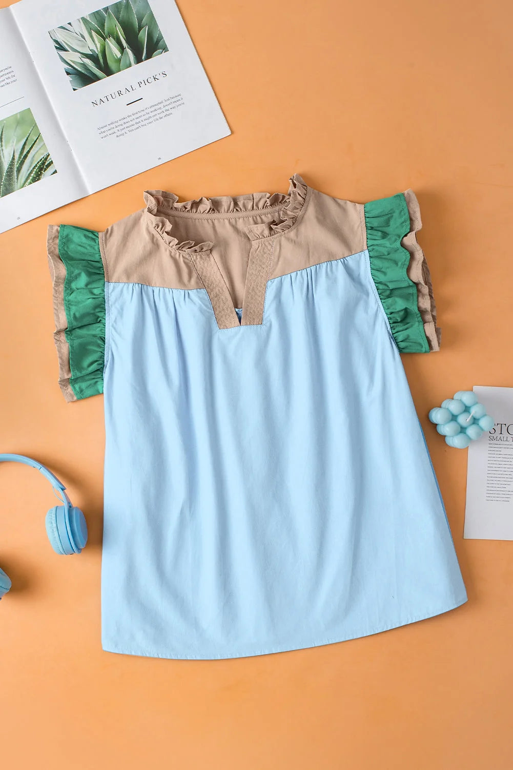 Threaded Pear Maci Ruffled Sleeve Frill V Neck Blouse