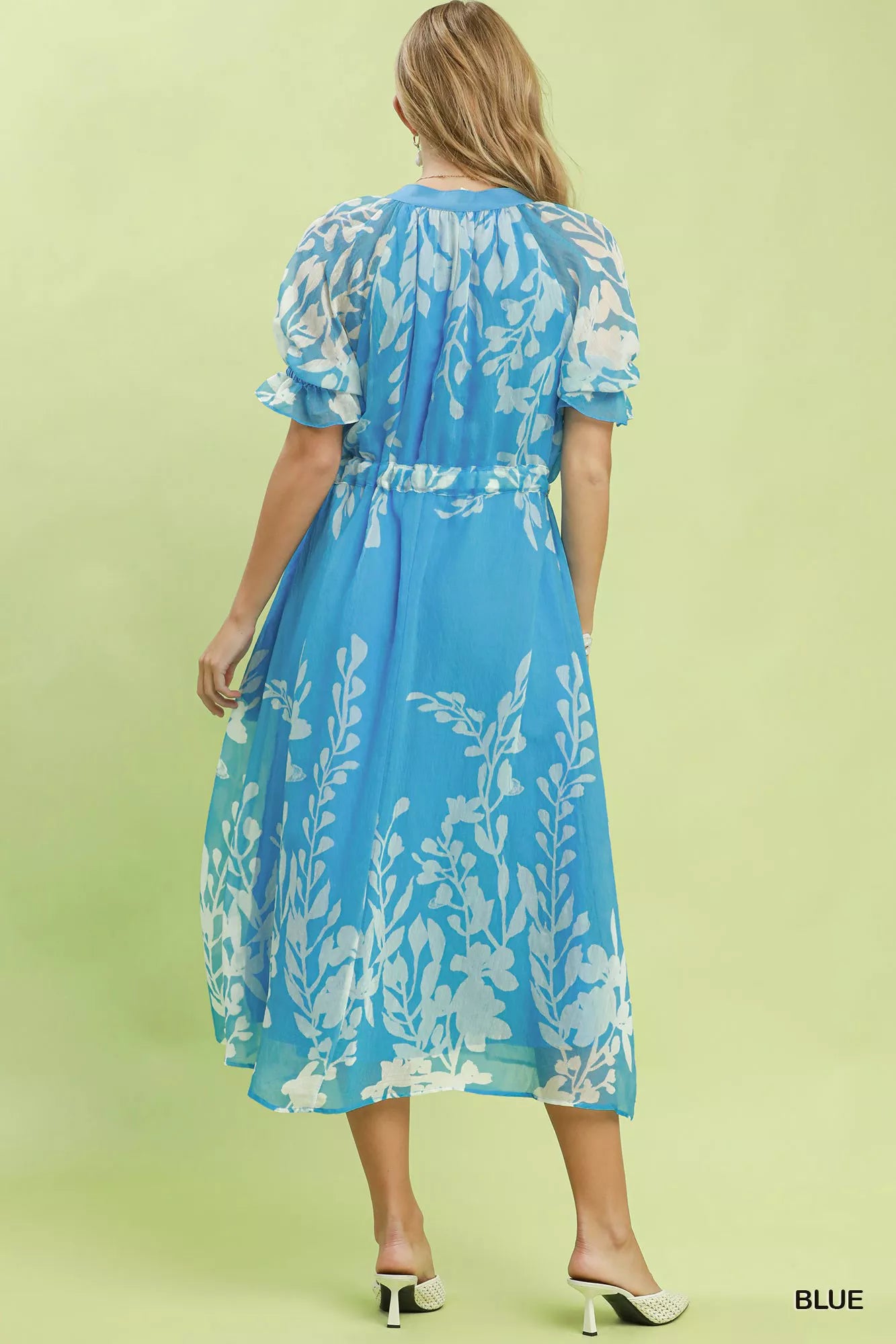 Umgee Floral Print Tie Waist Midi Dress with Side Pockets in Blue