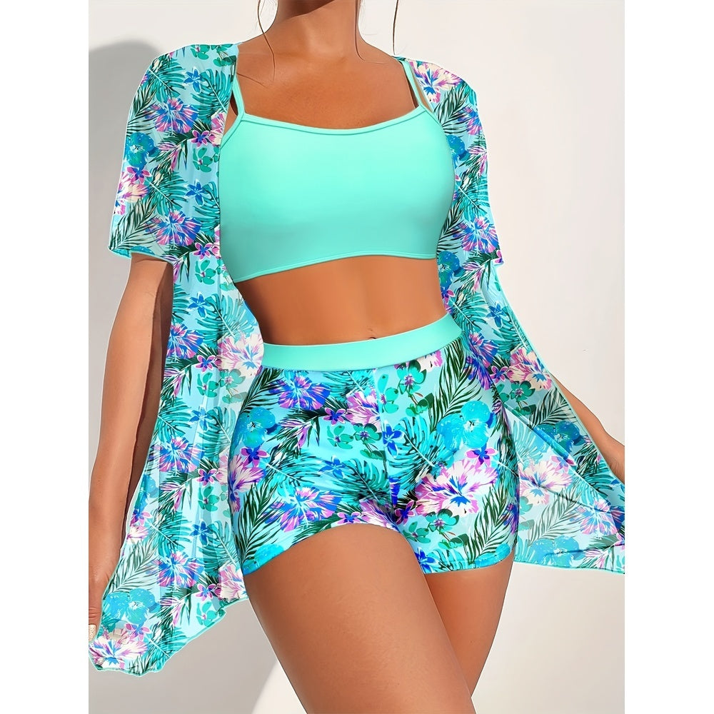 Printed High‑Waist Slimming Bikini Three‑Piece Set