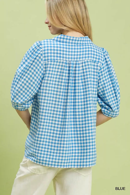 Umgee Gingham Puff Sleeve Collared Blouse