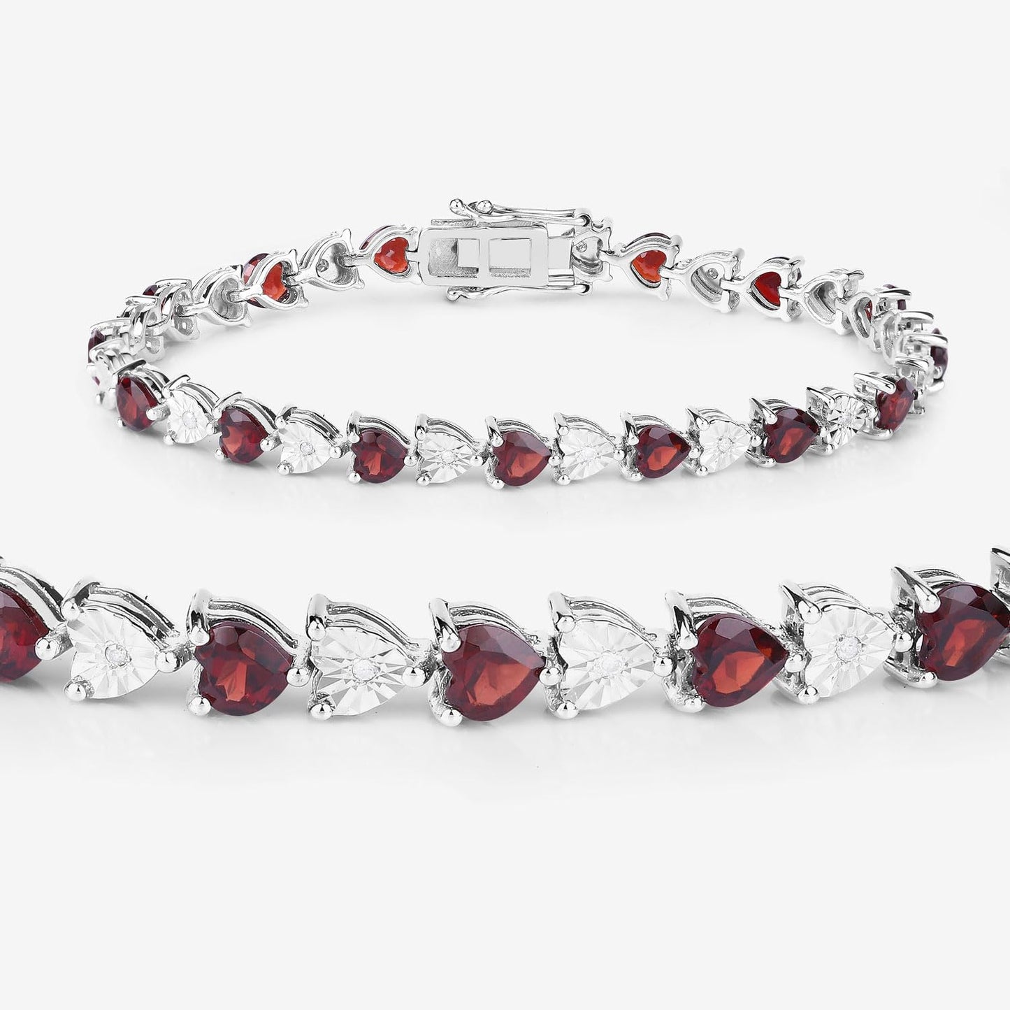 0.14 Ct Heart Red Garnet & Diamond Prong Silver Box Clasp Tennis Bracelet