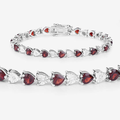 0.14 Ct Heart Red Garnet & Diamond Prong Silver Box Clasp Tennis Bracelet