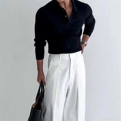 Men's Polo Shirt - Lapel Button Long Sleeve Slim Fit