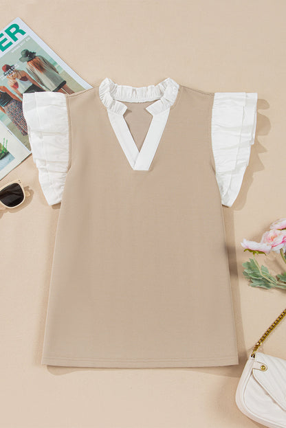 Threaded Pear Serena Contrast V Neck Ruffled Textured Knit Top