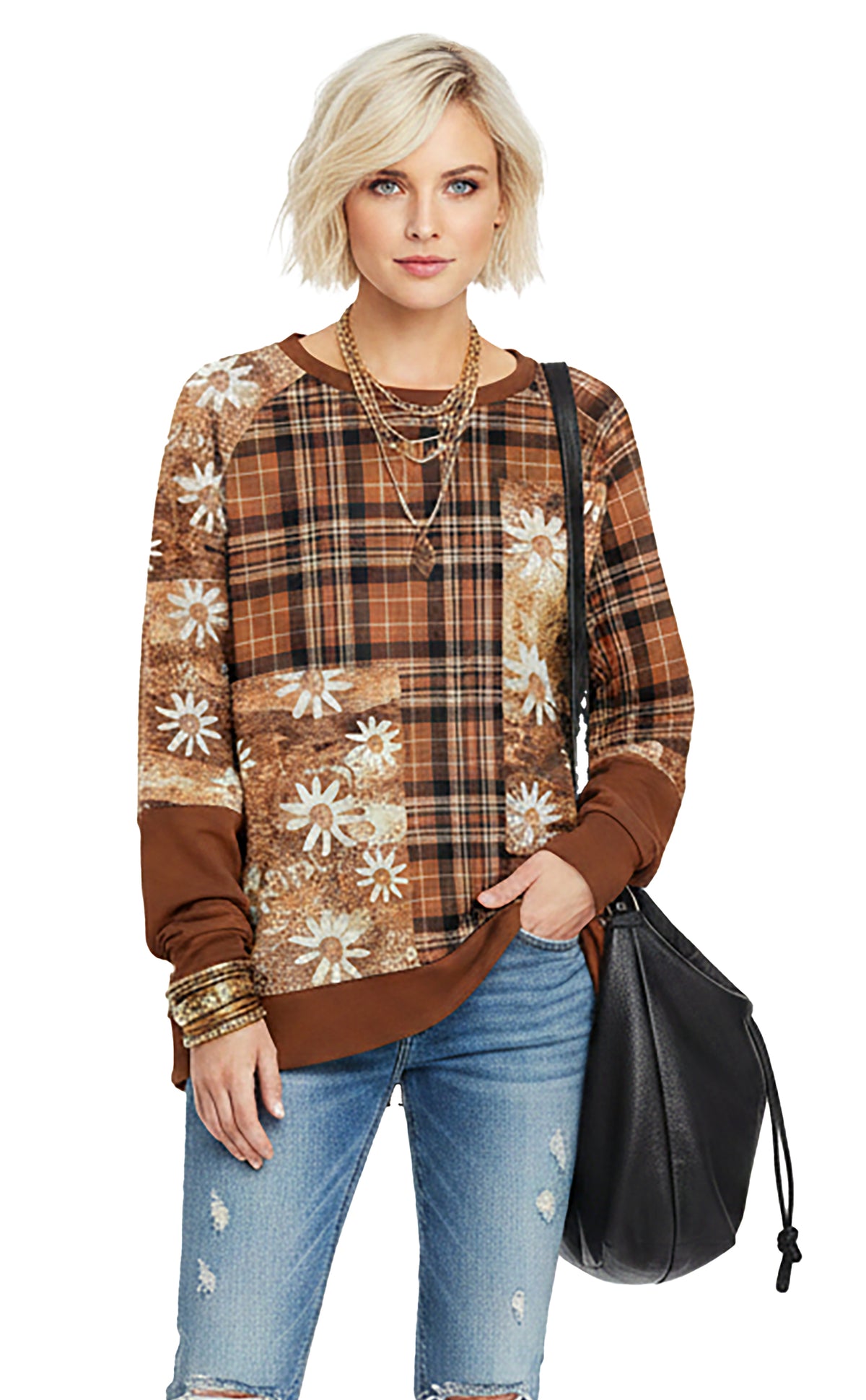 Brown Tan Floral Plaid-