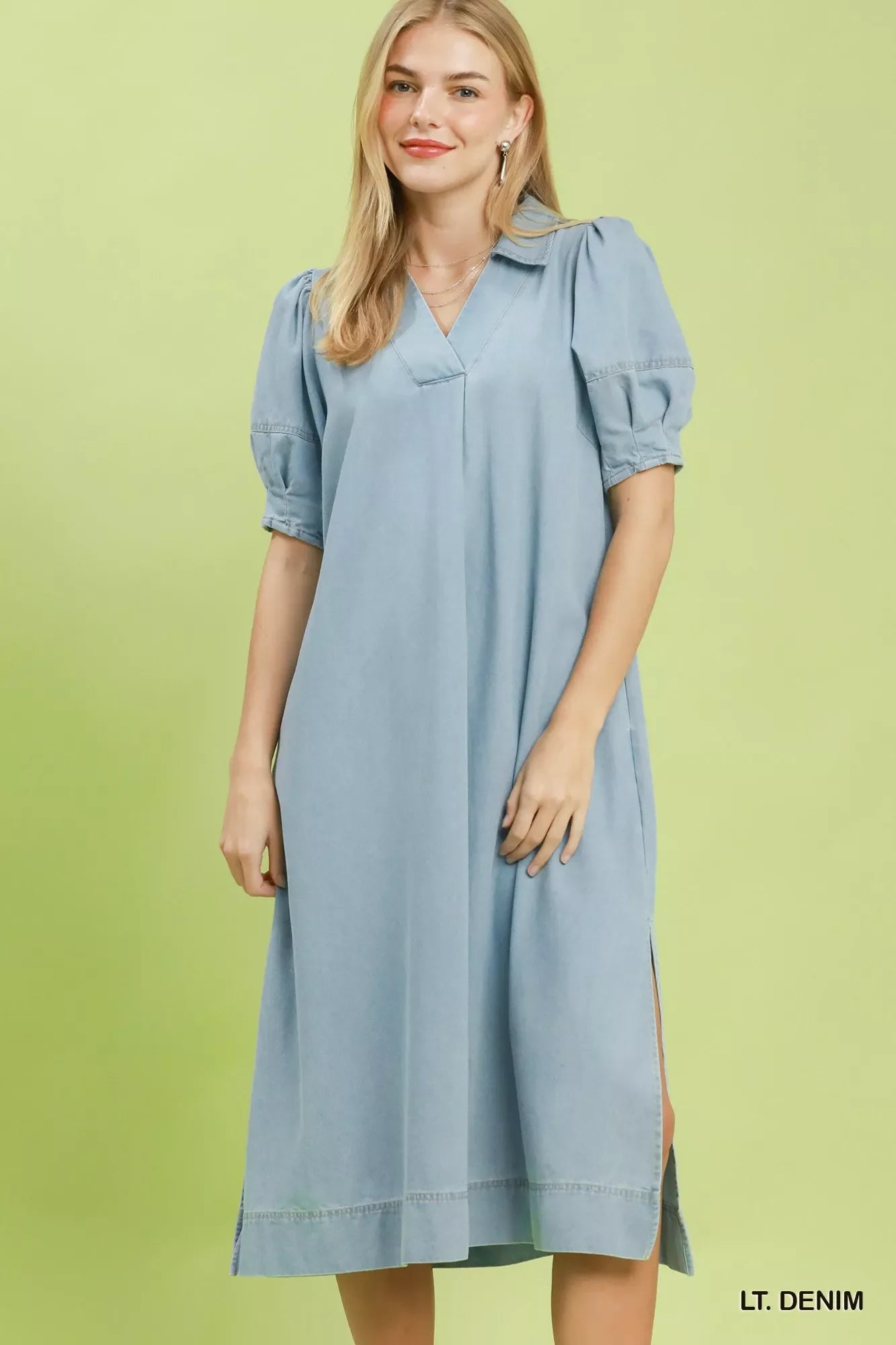Umgee Chambray Collared Puff Sleeve Dress in Denim