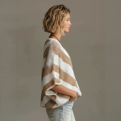Women's V-Neck Knit Sweater – Loose Fit, Drop Shoulder, 3/4 Sleeve