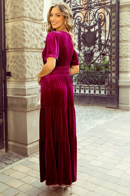 Threaded Pear Katherine Velvet Short Sleeve Shirred Waist Tiered Dress
