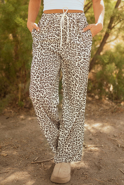 Threaded Pear Mabel Leopard Drawstring Elastic Waistband Loose Pants