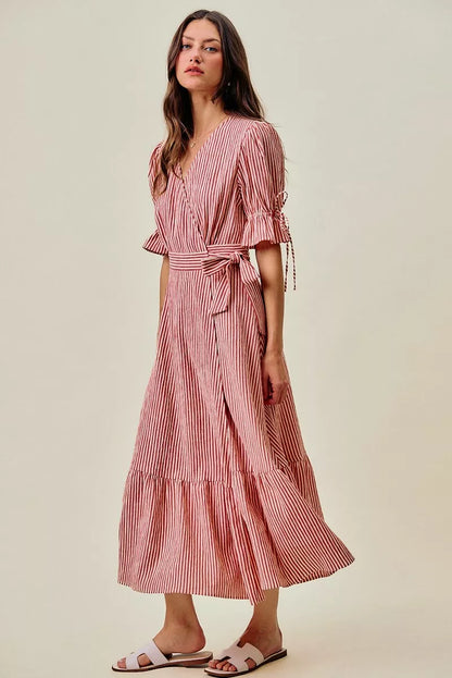 SO ME Stripe Textured Short Sleeves Lined Wrap Midi Dress