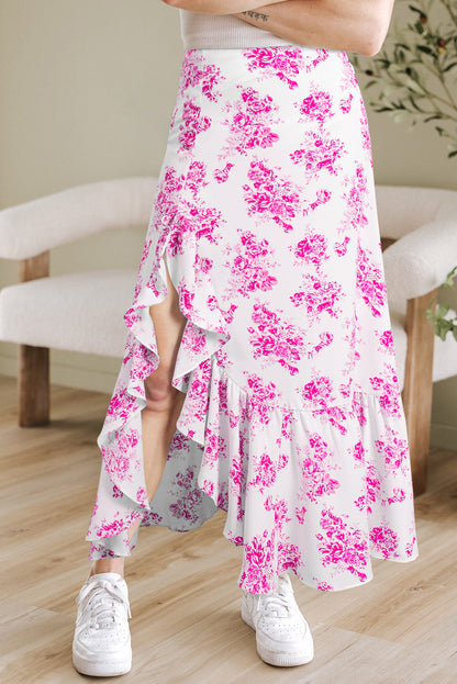 Threaded Pear Salma Boho Floral High Waist Ruffle Split Maxi Skirt